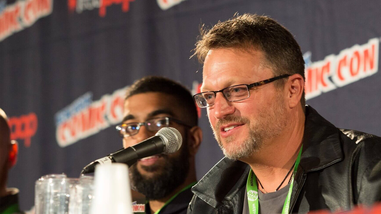 Steve Blum speaking at a panel at New York Comic Con