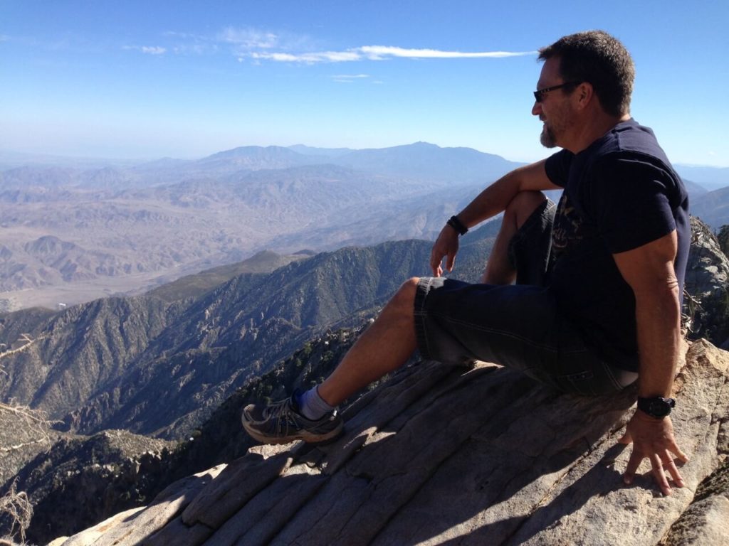 Steve Blum meditating up on a mountain above Palm Springs