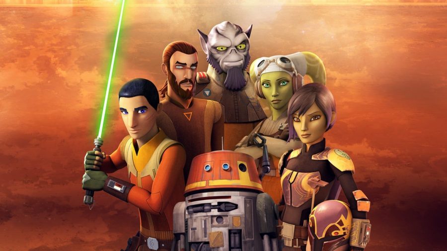 Star Wars Rebels characters gathered together in front of orange background