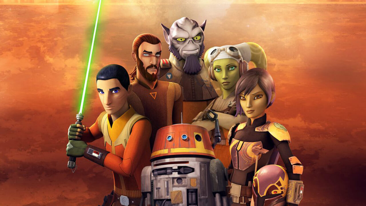 Star Wars Rebels characters gathered together in front of orange background