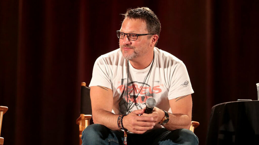 Voiceover artist and instructor, Steve Blum, speaking in a panel at Phoenix Comic Fest in 2018