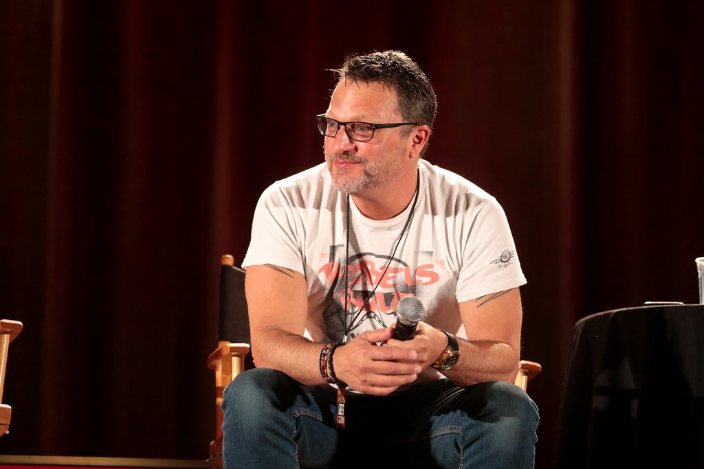 Voiceover artist and instructor, Steve Blum, speaking in a panel at Phoenix Comic Fest in 2018