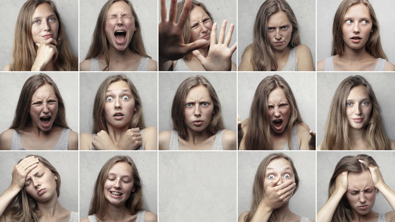 Collage of a woman's various facial reactions