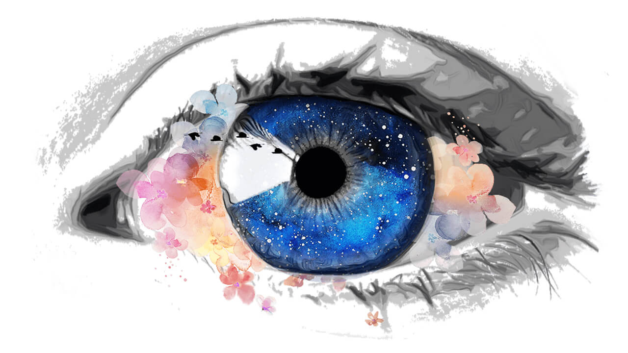 Awareness- drawing of a Blue Eye with Flowers inside of it