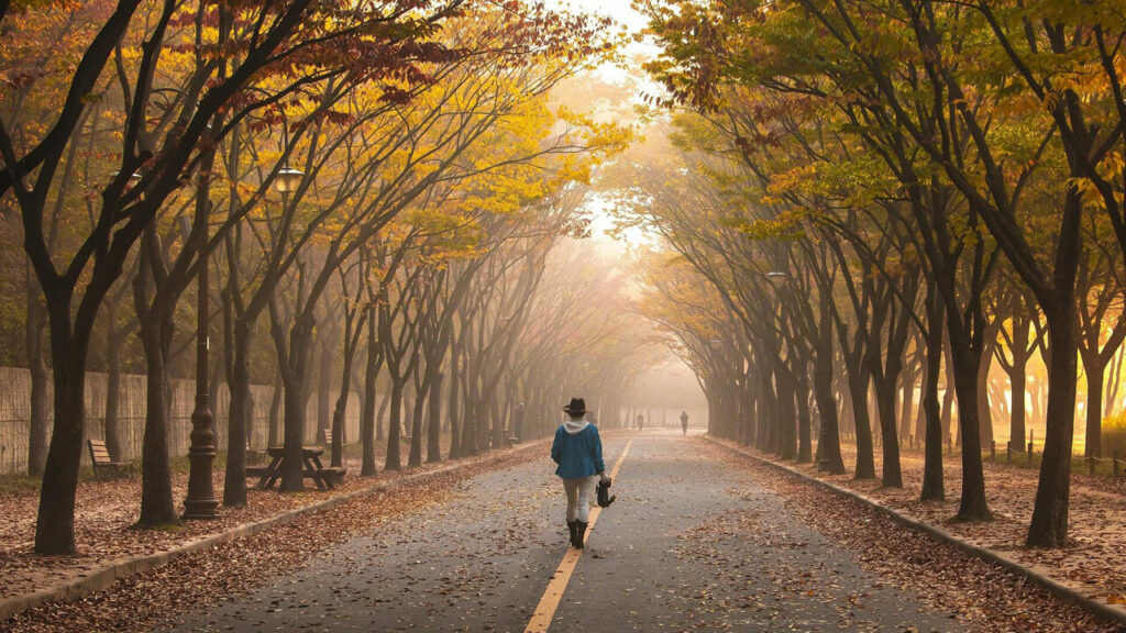 What do you want- Person walking down road with yellow trees hanging over