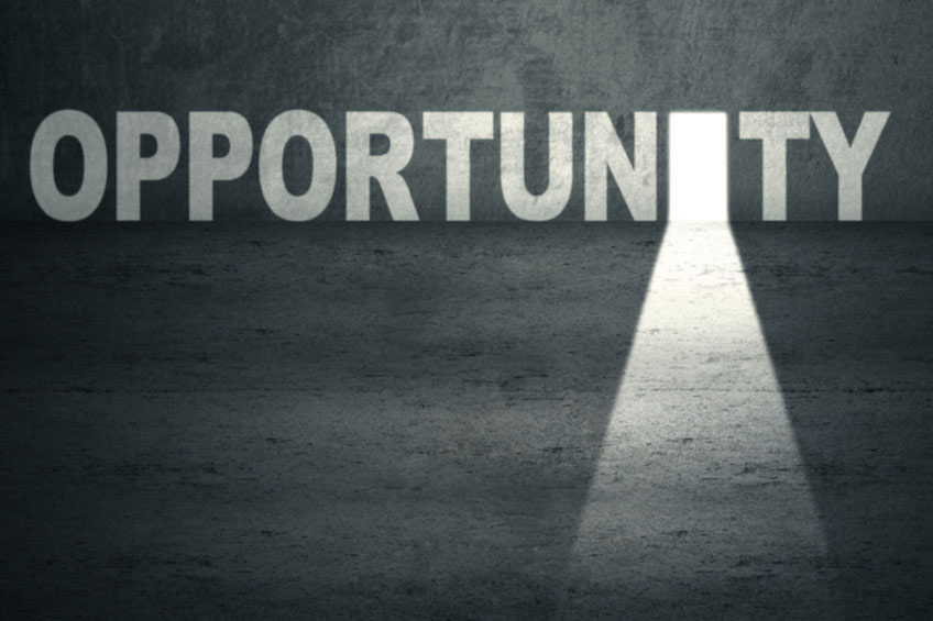 The word "Opportunity" with a lit doorway instead of the "I"