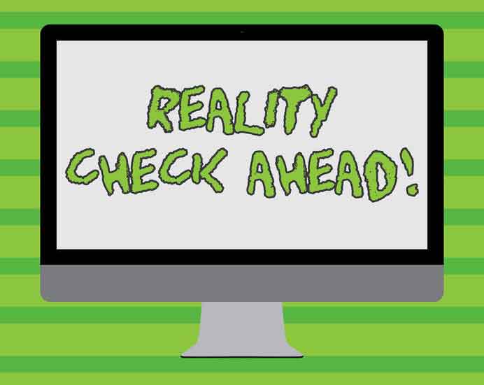 Cartoon image of computer screen with text "Reality Check Ahead!" in green and green striped background behind