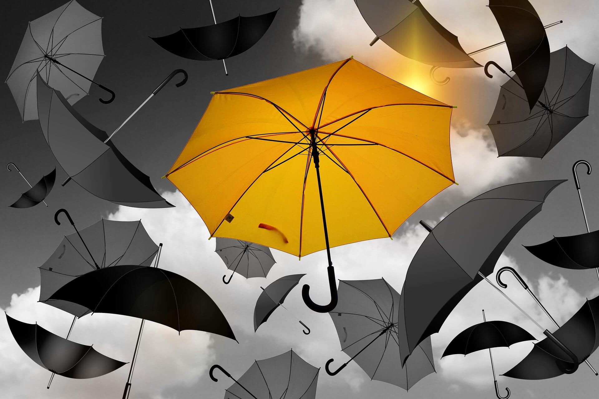 Play to Your Strengths- One yellow umbrella among many black umbrellas