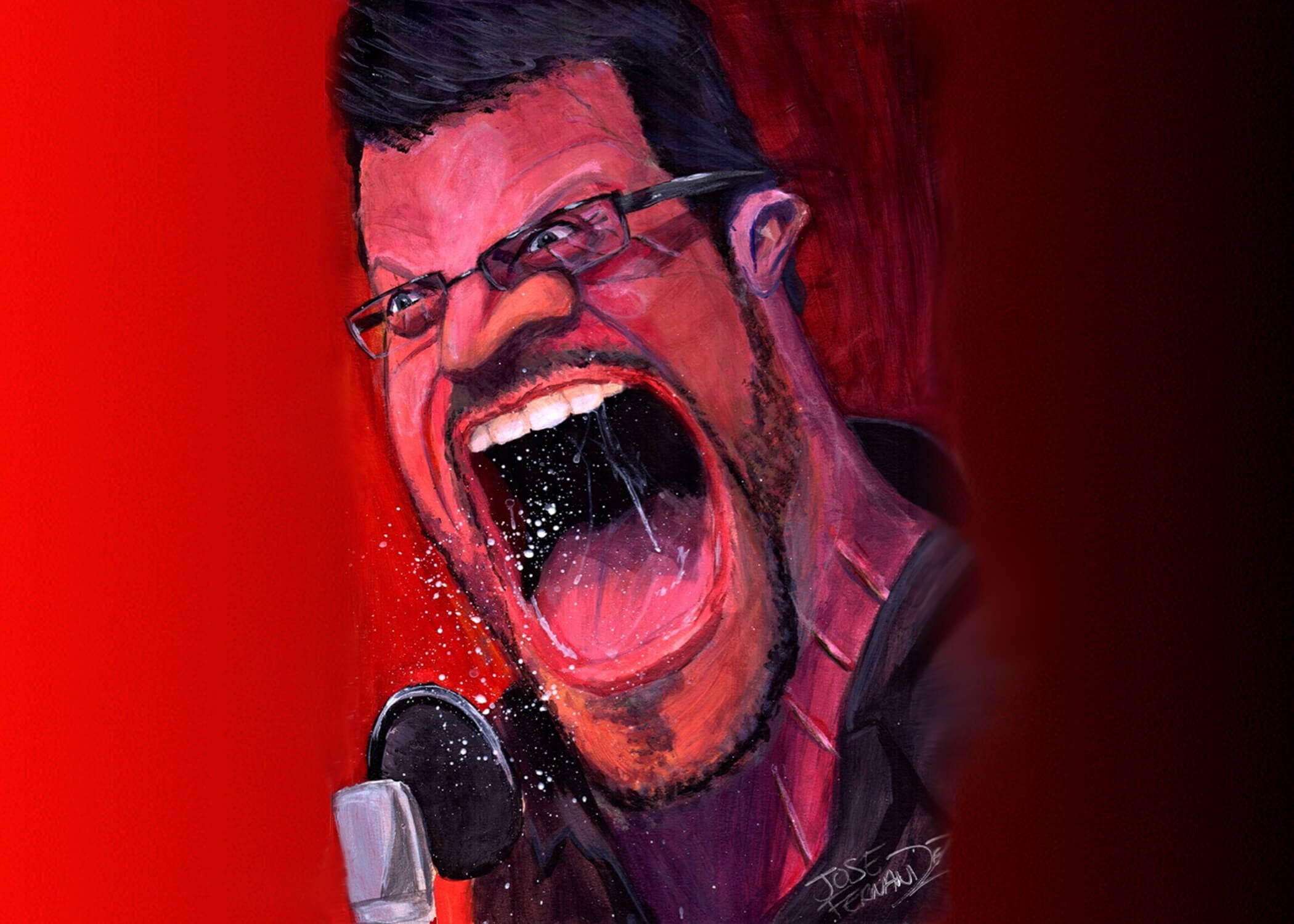 Red background painting of an animated charicature of Steve Blum screaming at a microphone