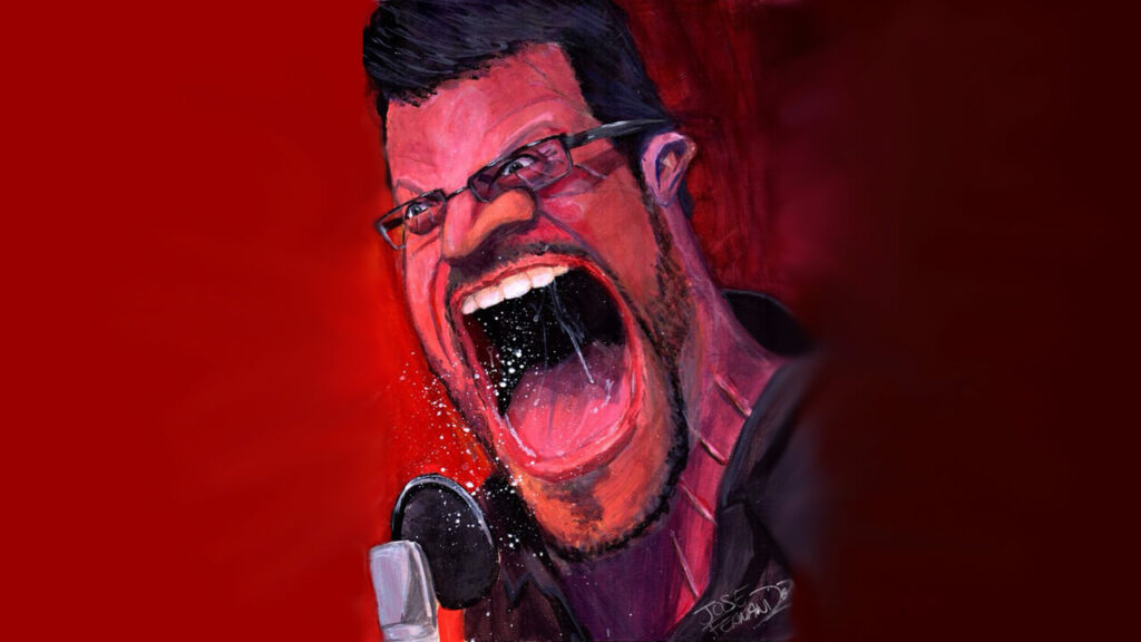 Red background painting of an animated charicature of Steve Blum screaming at a microphone