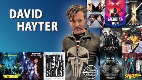 Banner image of actor, writer, and director David Hayter with posters from popular projects