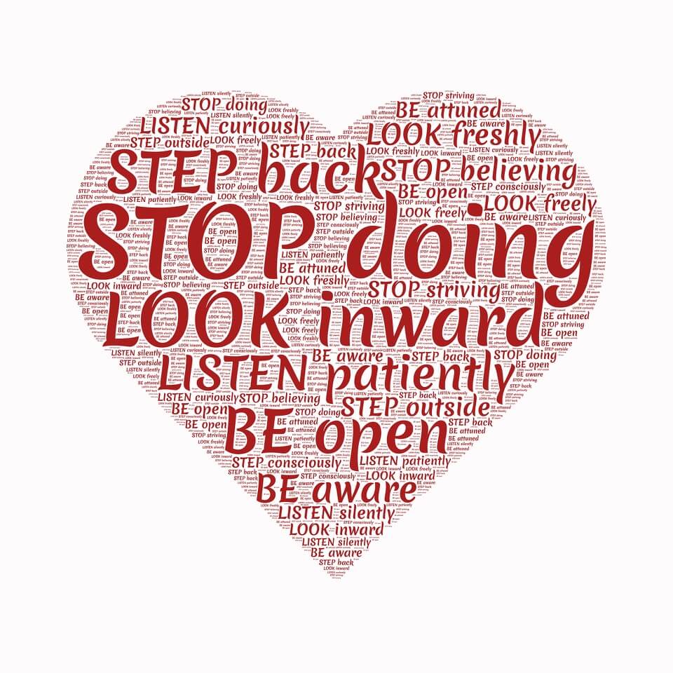 Red heart graphic made up of encouraging words over a white background