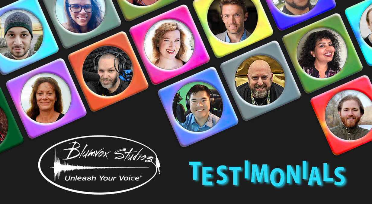 Black background image featuring the faces of several Blumvox Studios students who have provided testimonials over multi-colored boxes. The word "Testimonials" is written in light blue on the bottom next to the Blumvox Studios logo in white