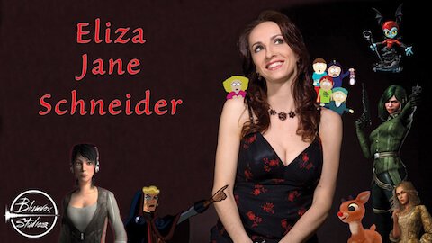 Banner of voice actor and dialect coach Eliza Jane Schneider with characters