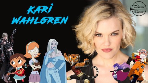 Banner of voice actor Kari Wahlgren with characters