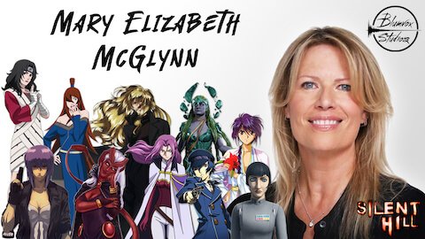 Banner of voice director, actor, and singer Mary Elizabeth McGlynn with characters