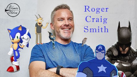 Banner of voice actor Roger Craig Smith with characters