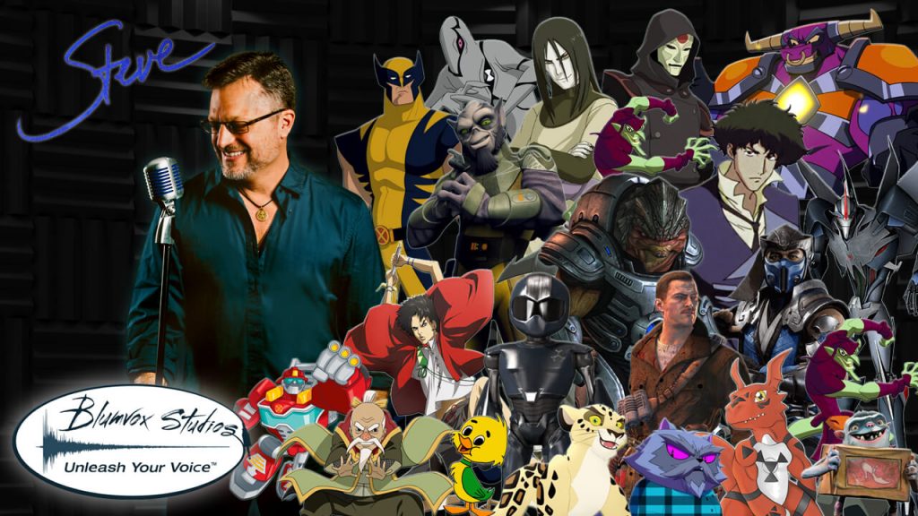 Steve Blum with some of the characters he voiced, a blue signature of his name up top, and the white Blumvox Studios soundwave logo on the bottom left