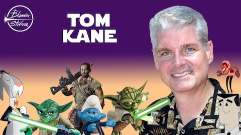 Banner of voice actor Tom Kane with characters