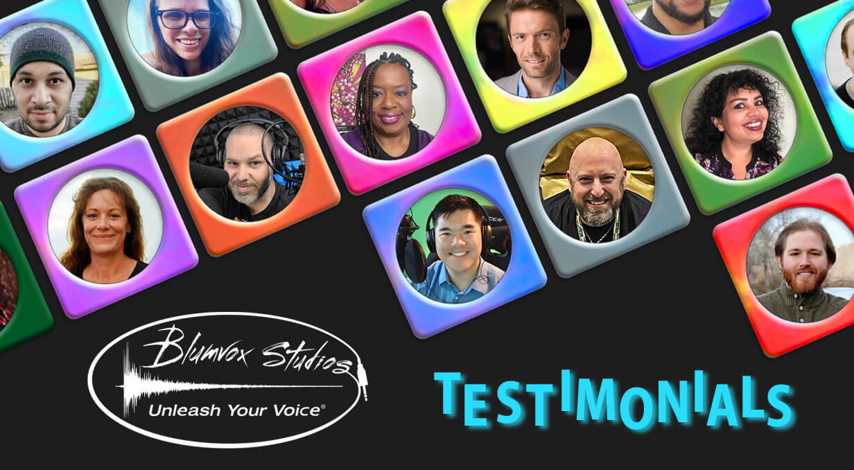 Black background image featuring the faces of several Blumvox Studios students who have provided testimonials over multi-colored boxes. The word "Testimonials" is written in light blue on the bottom next to the Blumvox Studios logo in white