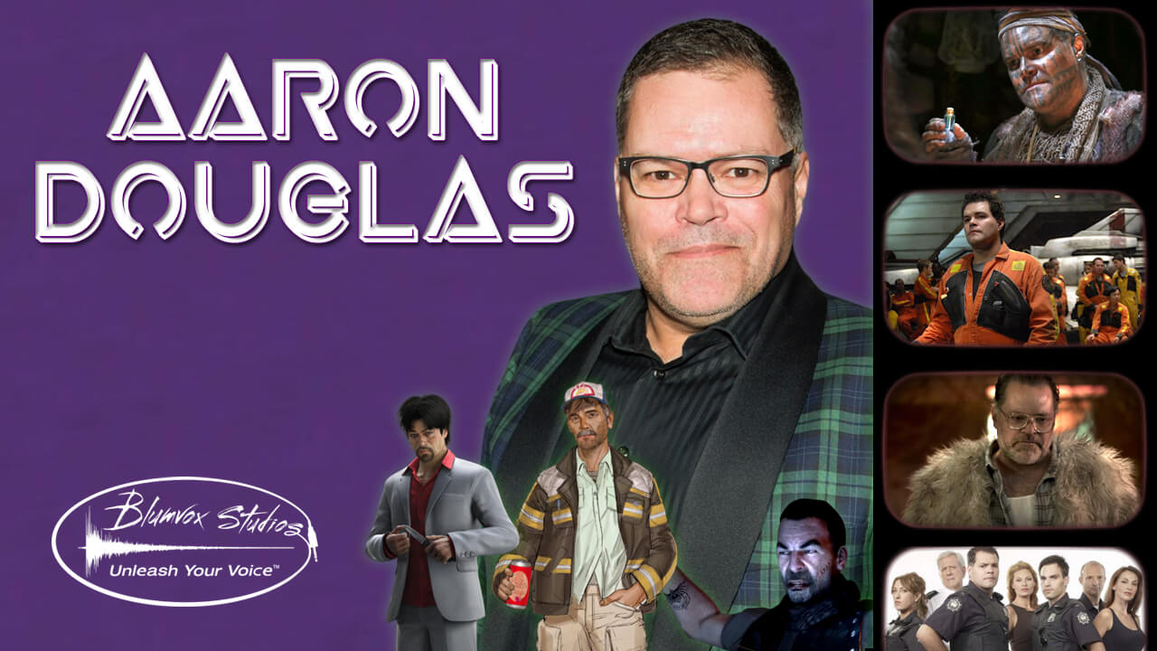 Banner image of voice actor Aaron Douglas with popular characters