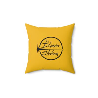 Yellow Unleash Your Voice Pillow back view of the Blumvox Studios logo