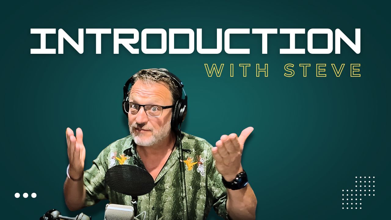 Steve Blum with headphones on and black shirt at the microphone- red background and yellow letters saying "What's Holding You Back?", as well as a pondering stick figure next to the words.