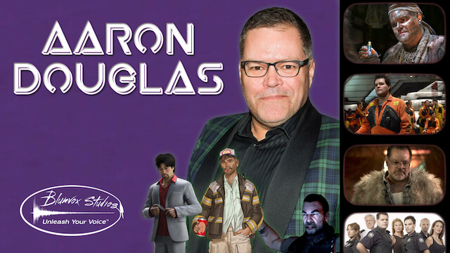 Banner image of voice actor Aaron Douglas with popular characters
